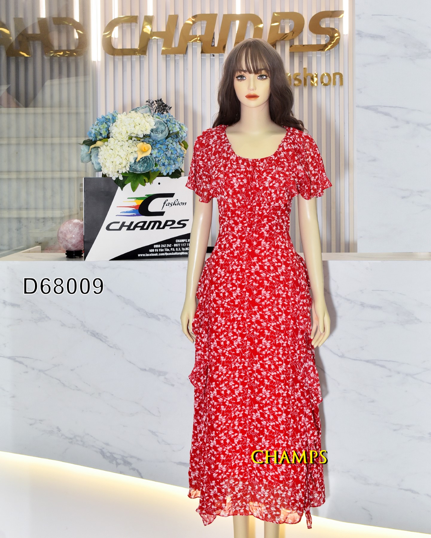 ĐẦM DÀI LỤA ĐỎ HOA NHÍ 68009