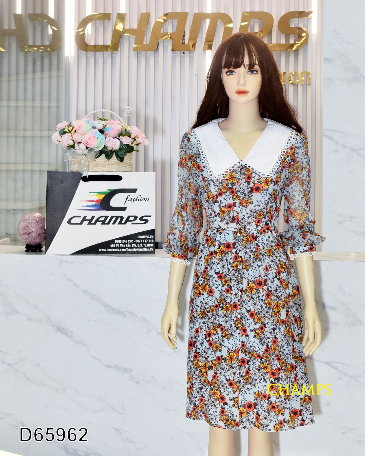 ĐẦM LỤA HOA VĂN XANH 65962