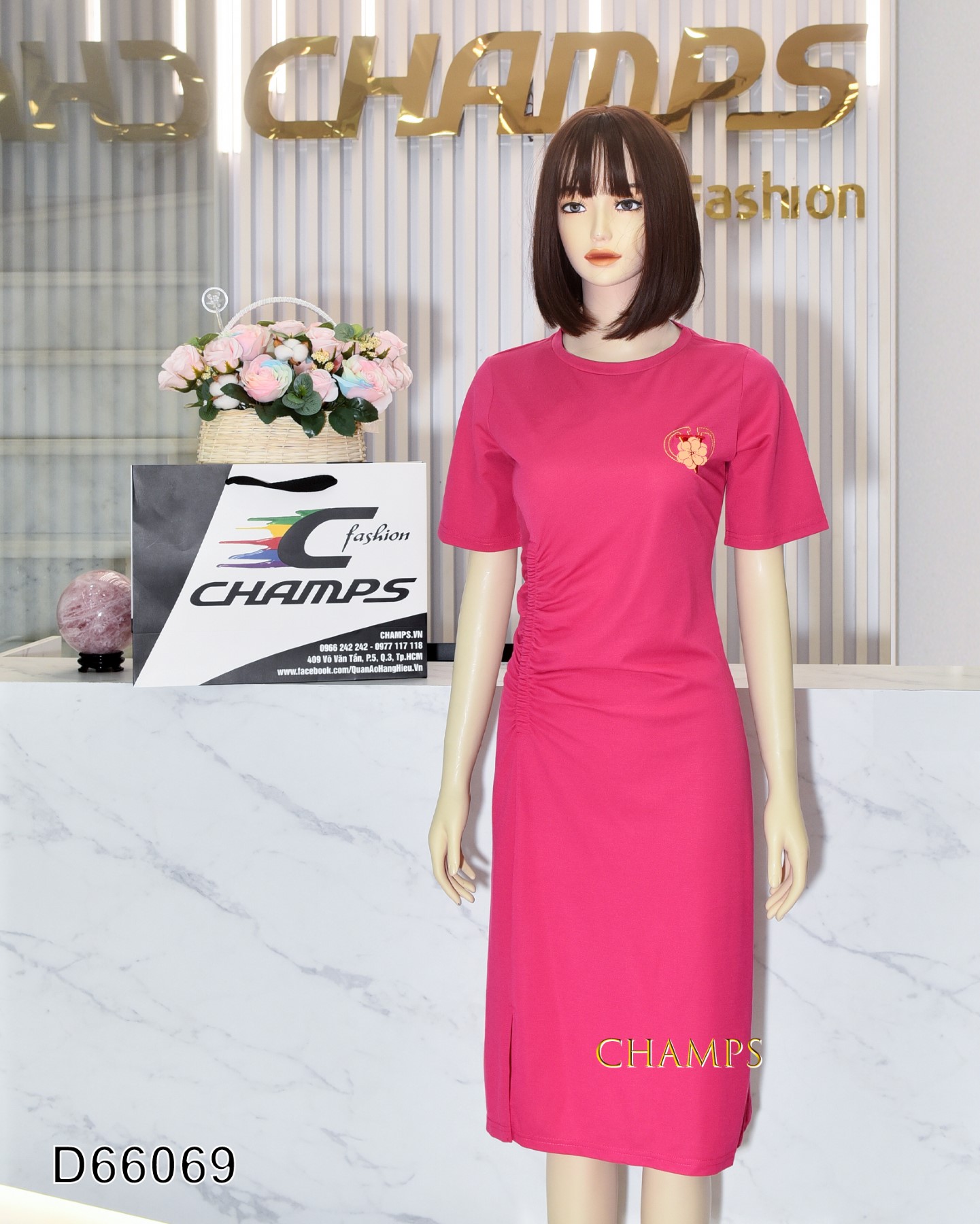 ĐẦM THUN HỒNG DÀI RÚT EO 66069