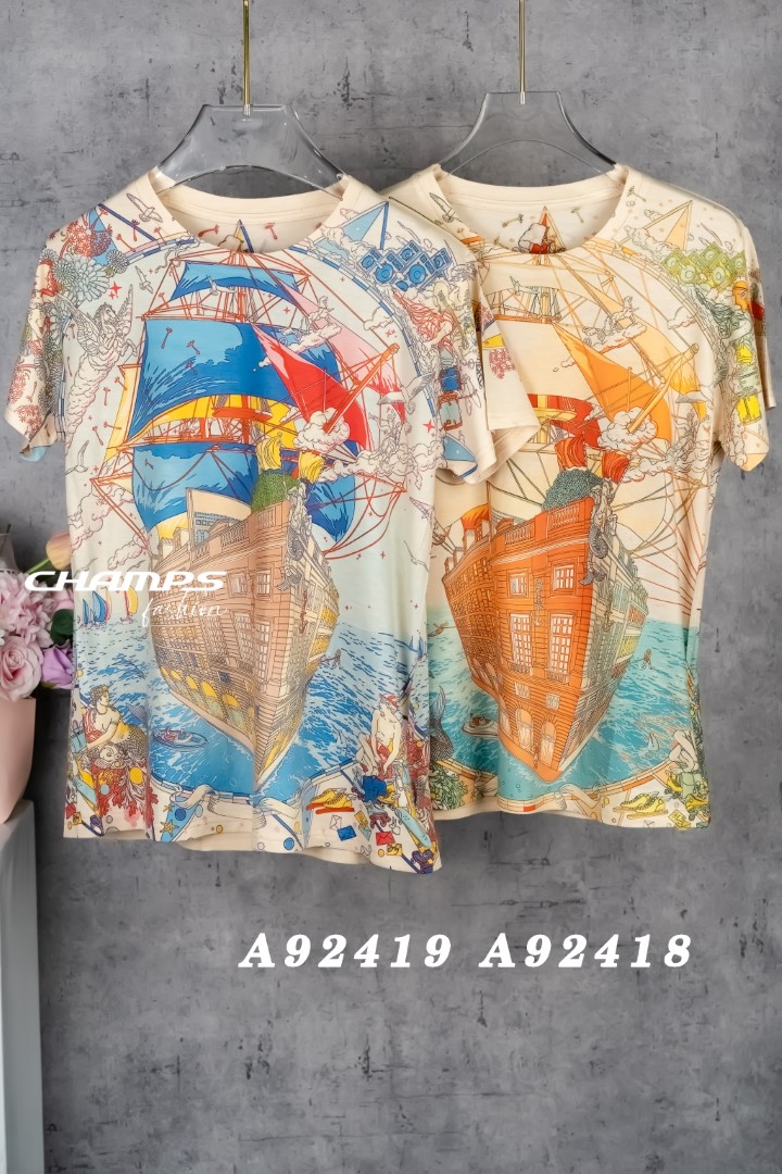 ÁO THUN XANH GIẤY HOA TIẾT 92419