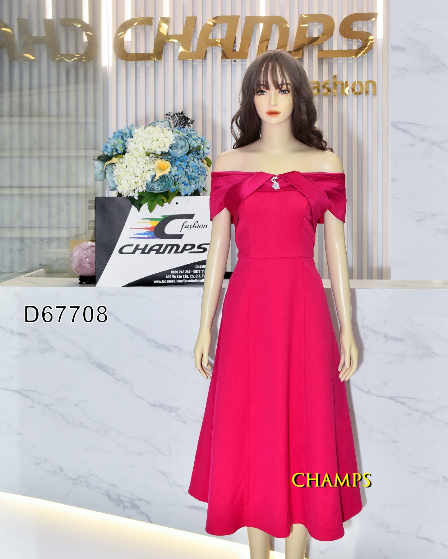 ĐẦM HỒNG VAI TRỄ XÒE +CÀI YSL 67708