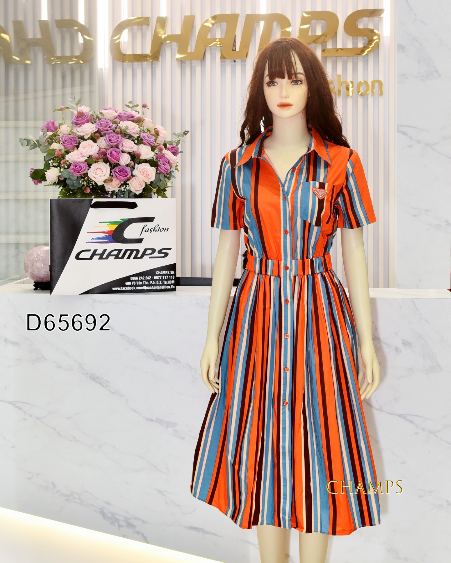 ĐẦM SƠ MI KẺ CAM PRADA 65692