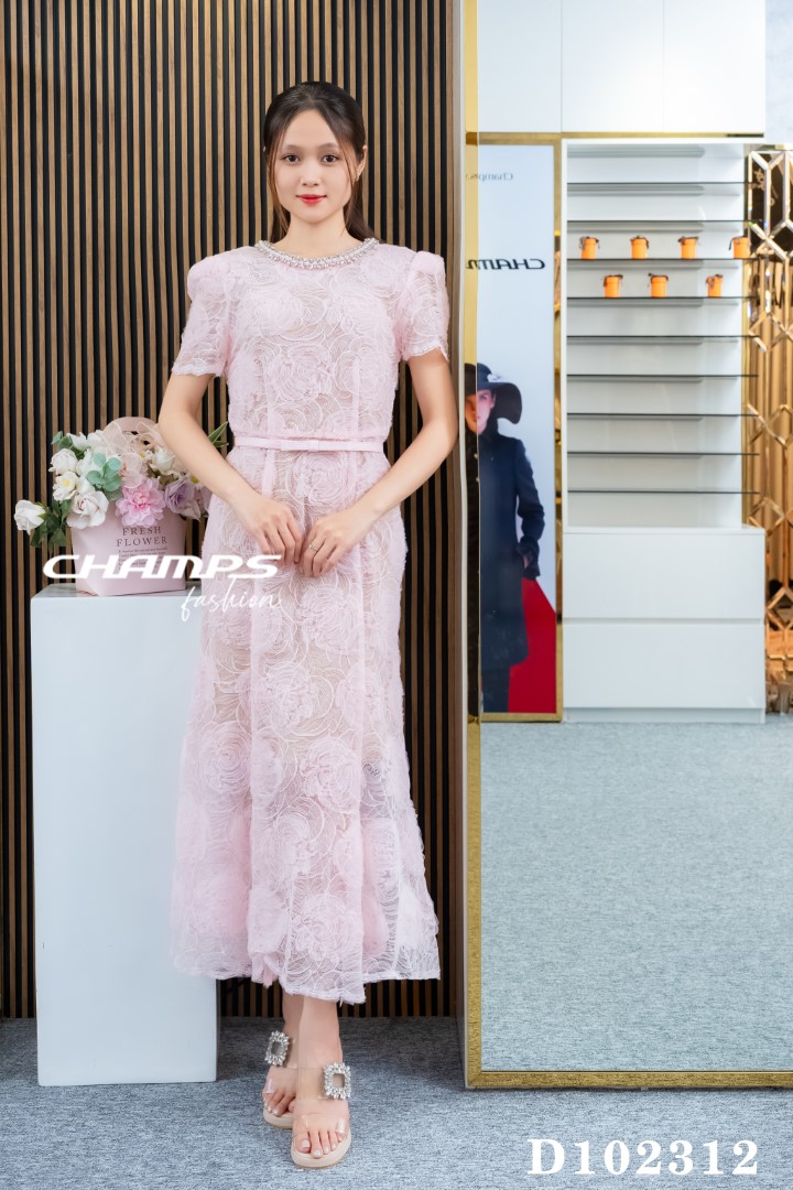 ĐẦM HỒNG HOA LAZE CỔ CƯƠM DN LOT 102312