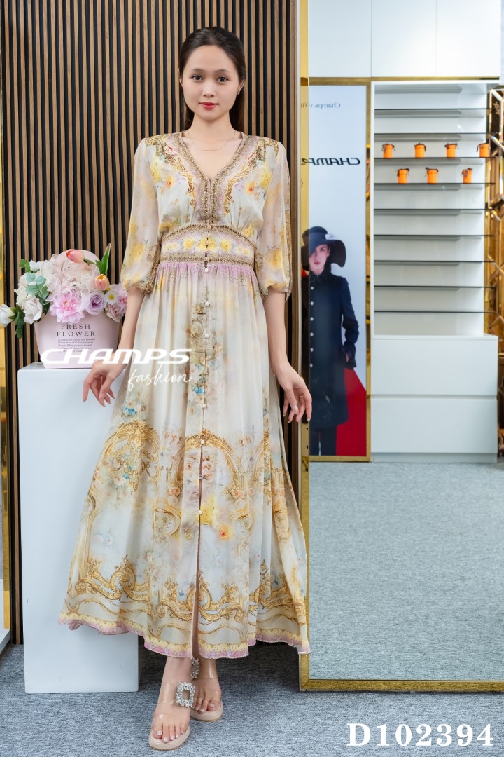 ĐẦM LỤA DÀI CAMILLA VÀNH CHÂN HOA VĂN 102394