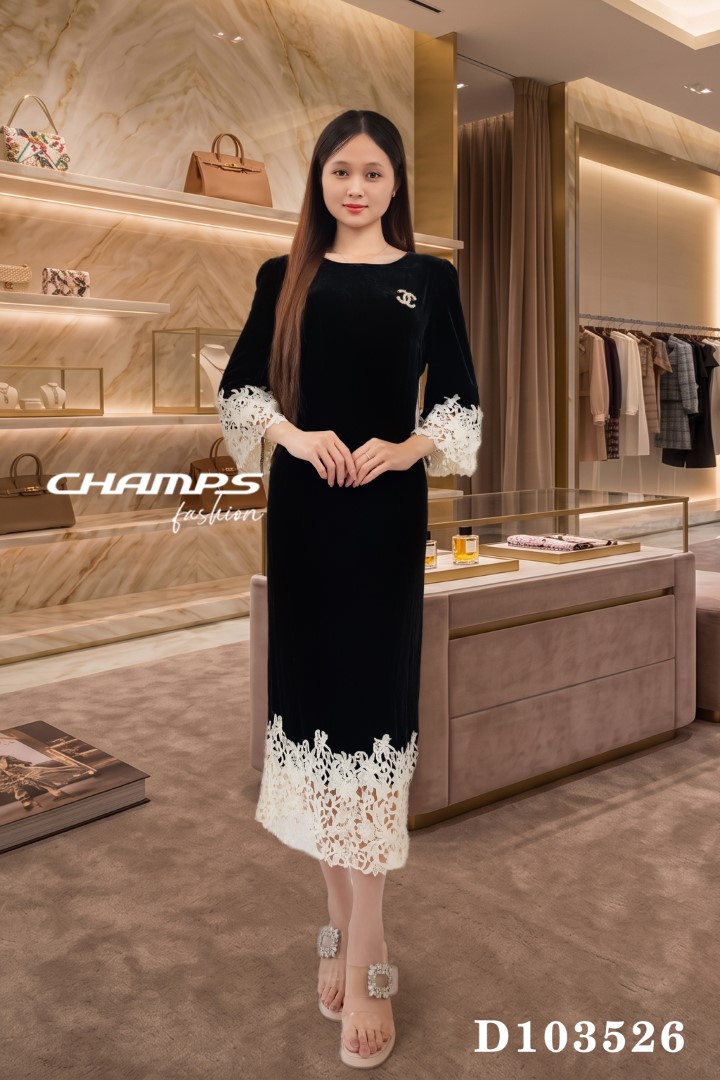 ĐẦM NHUNG ĐEN TAY REN 103526