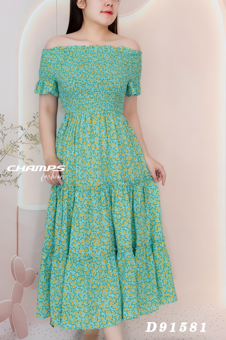 ĐẦM LỤA XANH VAI TRỄ 91581