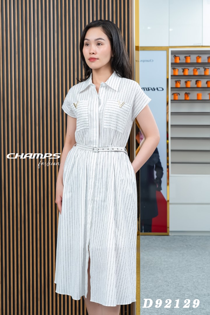 ĐẦM SƠ MI TRẮNG SỌC KẺ V DN 92129