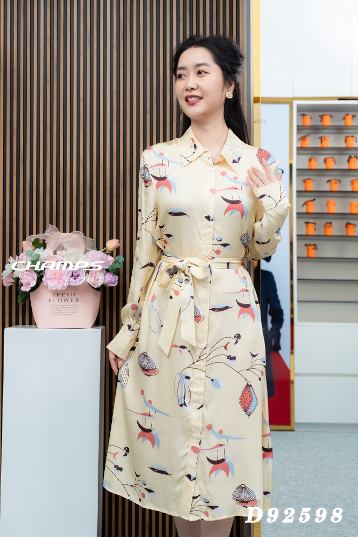 ĐẦM SƠ MI LỤA VÀNG HOA DN 92598
