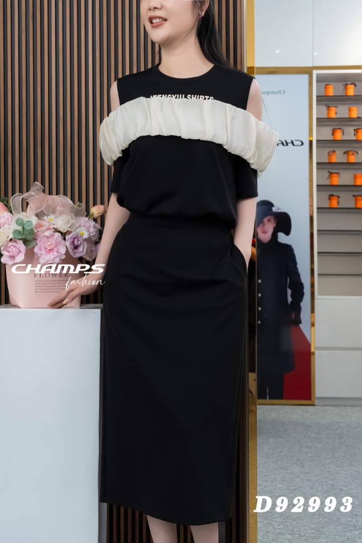 ĐẦM THUN ĐEN PHỐI KEM 92993