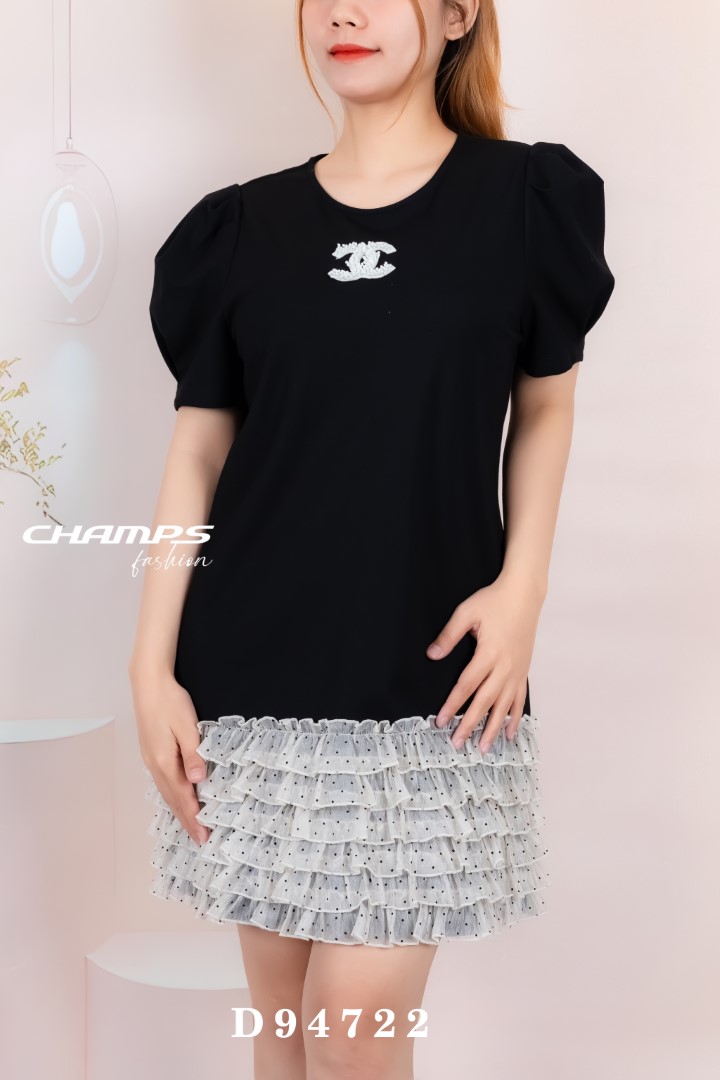 ĐẦM THUN ĐEN LAI TRẮNG 94722