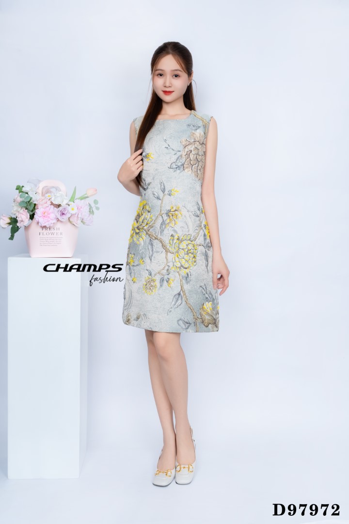 ĐẦM GẤM SUÔN XÁM HOA 97972