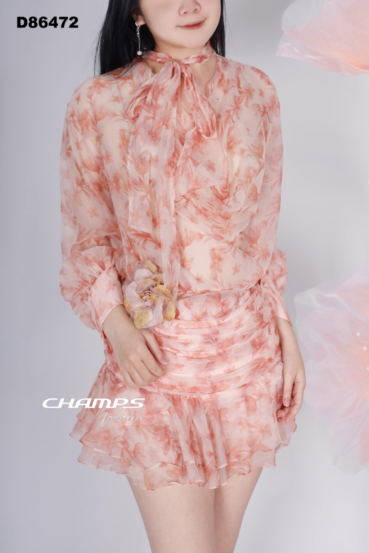 ĐẦM LỤA HOA LOANG CAM QUẦN DÂY NỊCH 86472