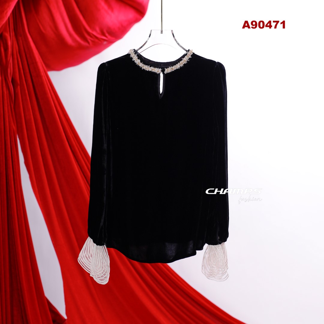 ÁO NHUNG ĐEN TAY TRẮNG 90471