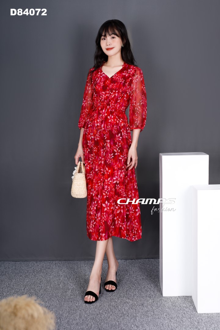 ĐẦM LỤA TƠ ĐỎ HOA DÀI 84072