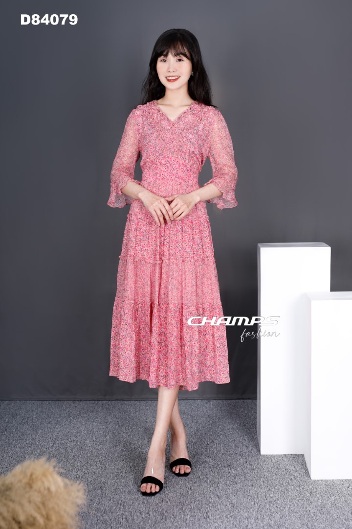 ĐẦM TƠ LỤA HỒNG HOA NHÍ CƯỜM 84079