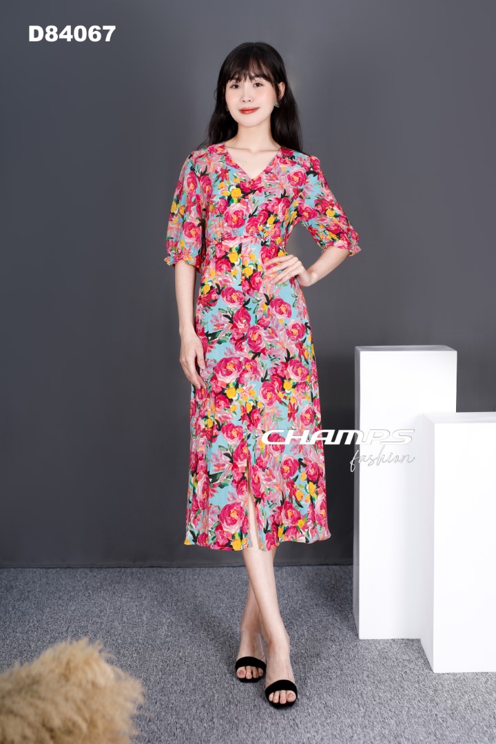 ĐẦM LỤA TƠ HOA XANH DÀI 84067