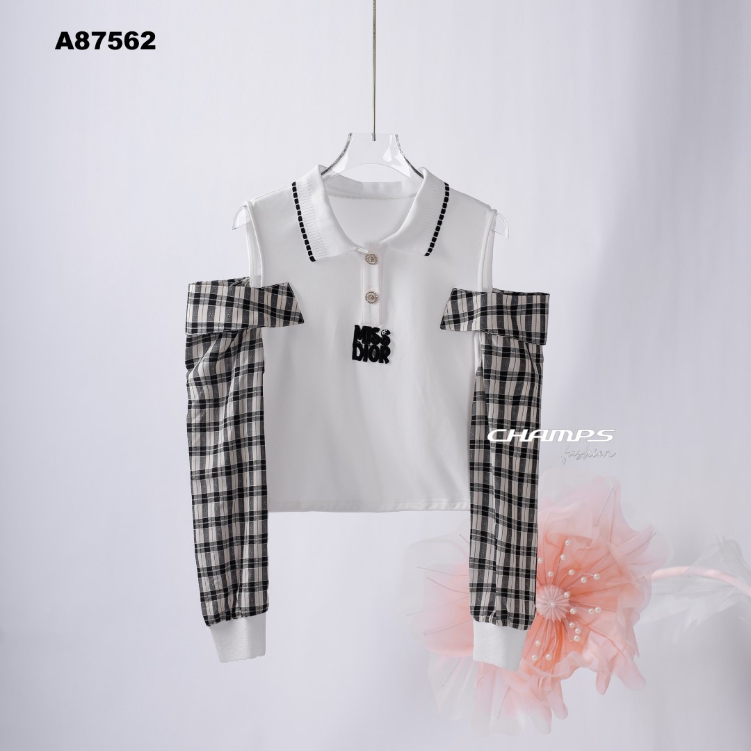 ÁO THUN TRẮNG VAI HỞ TAY KẺ 87562