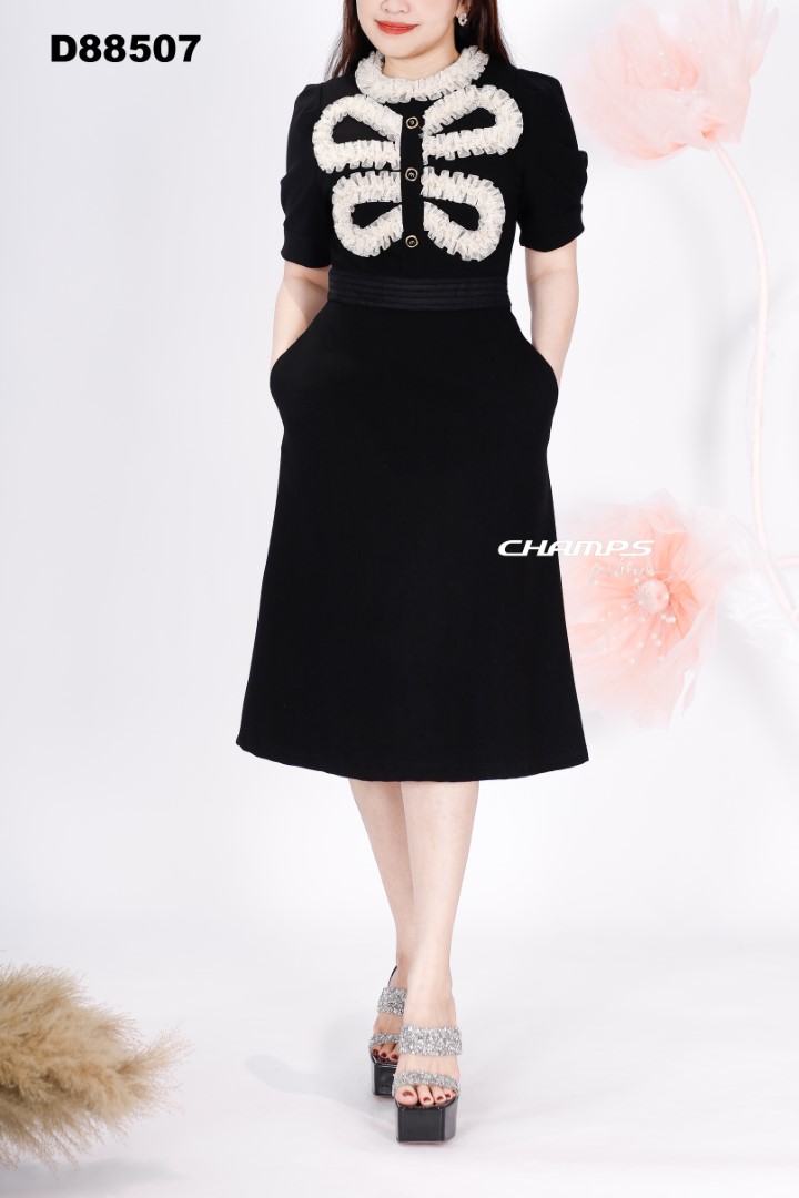ĐẦM THUN ĐEN PHỐI REN NƠ 88507