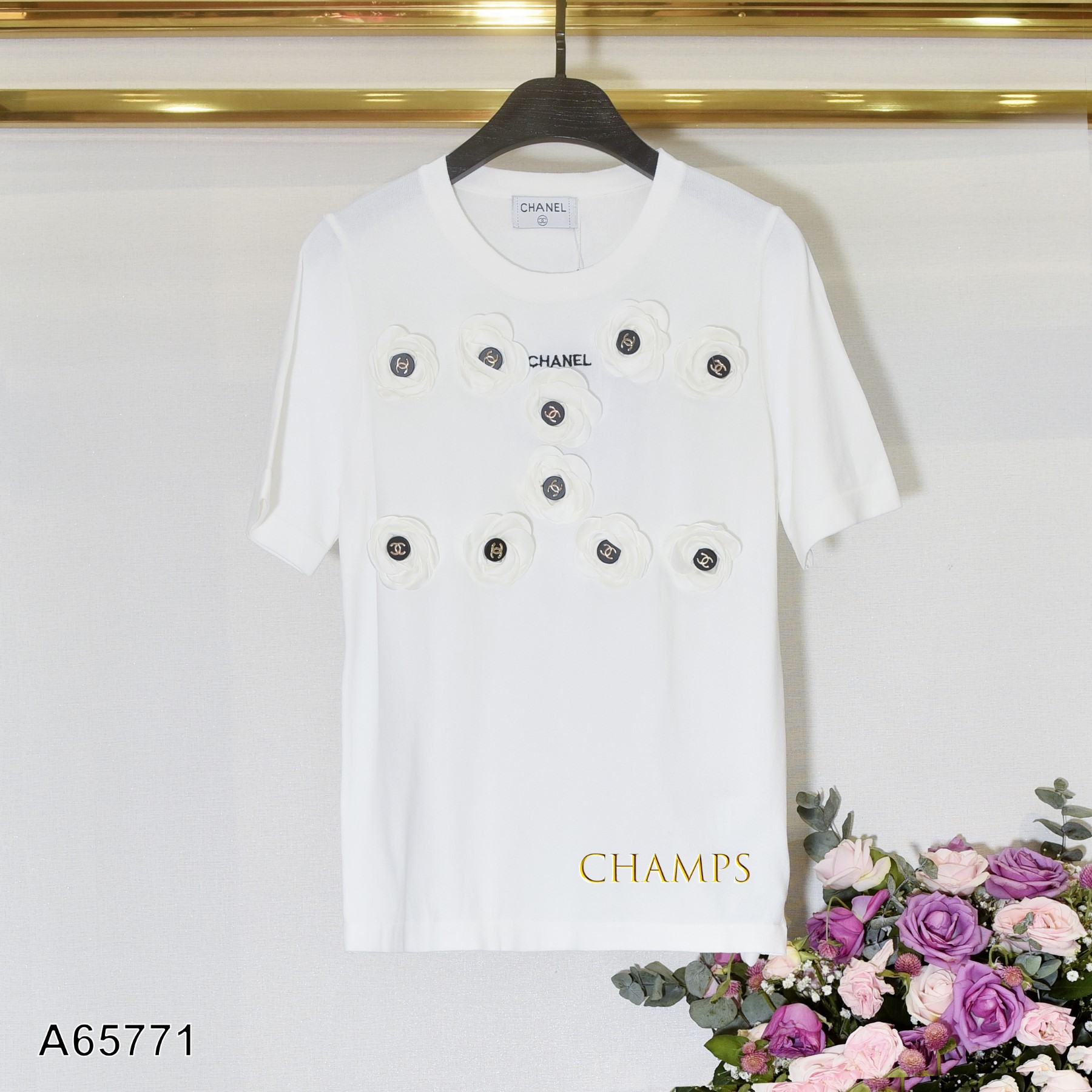 ÁO LEN TRĂNG CHANEL CÀI BÔNG 65772