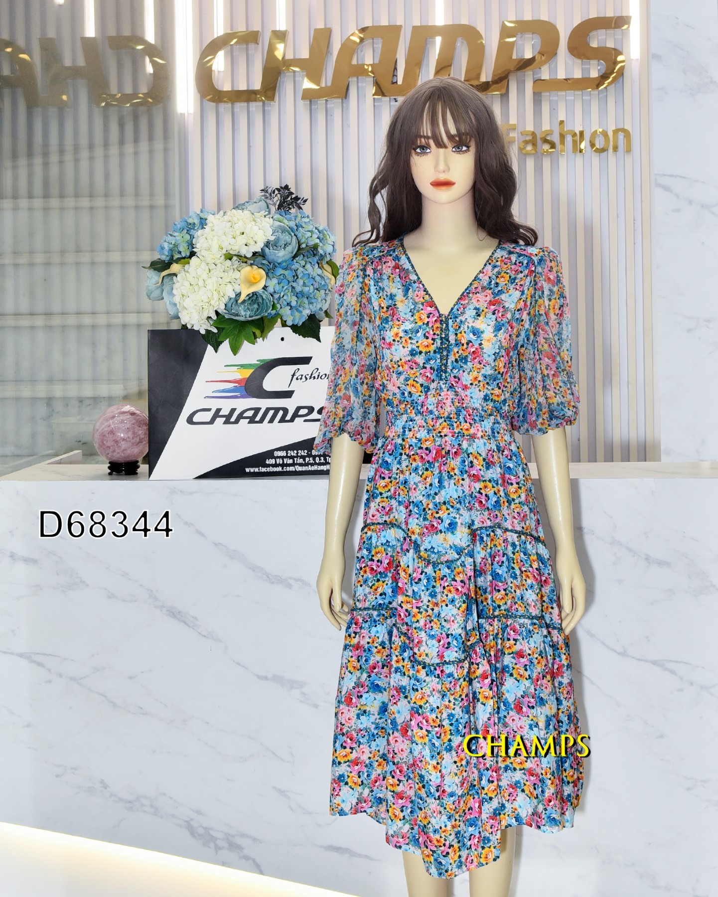 ĐẦM LỤA TƠ HOA NHÍ XANH 68344