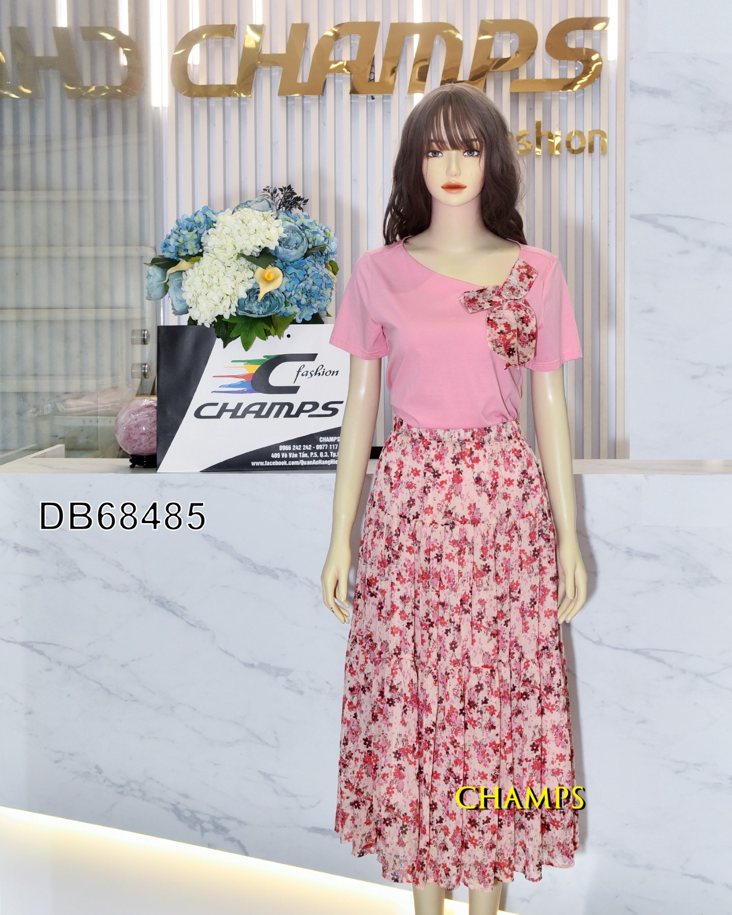 BỘ CV LỤA HỒNG HOA  +ÁO THUN 68485