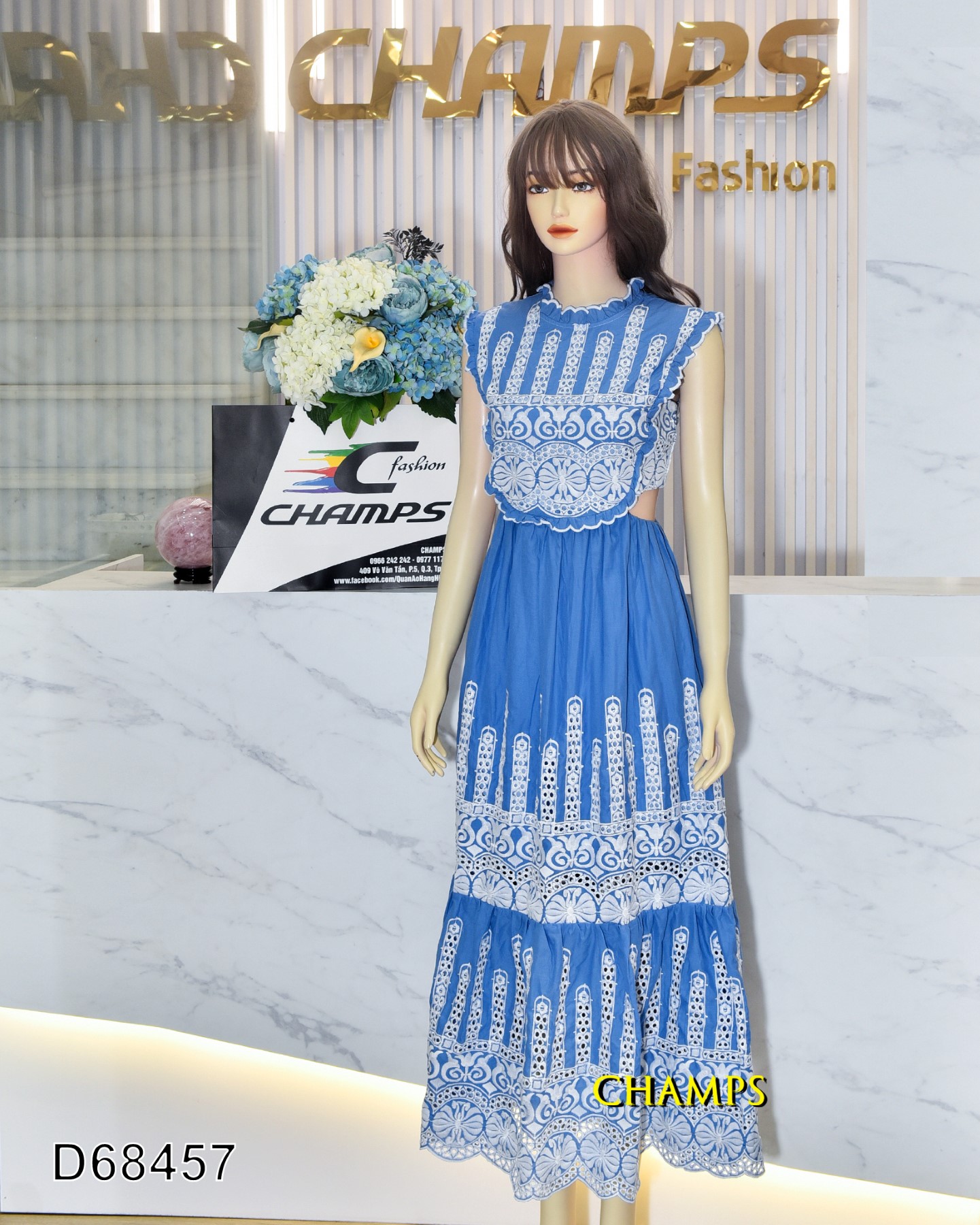 ĐẦM XANH THÊU KHOEC EO 68457