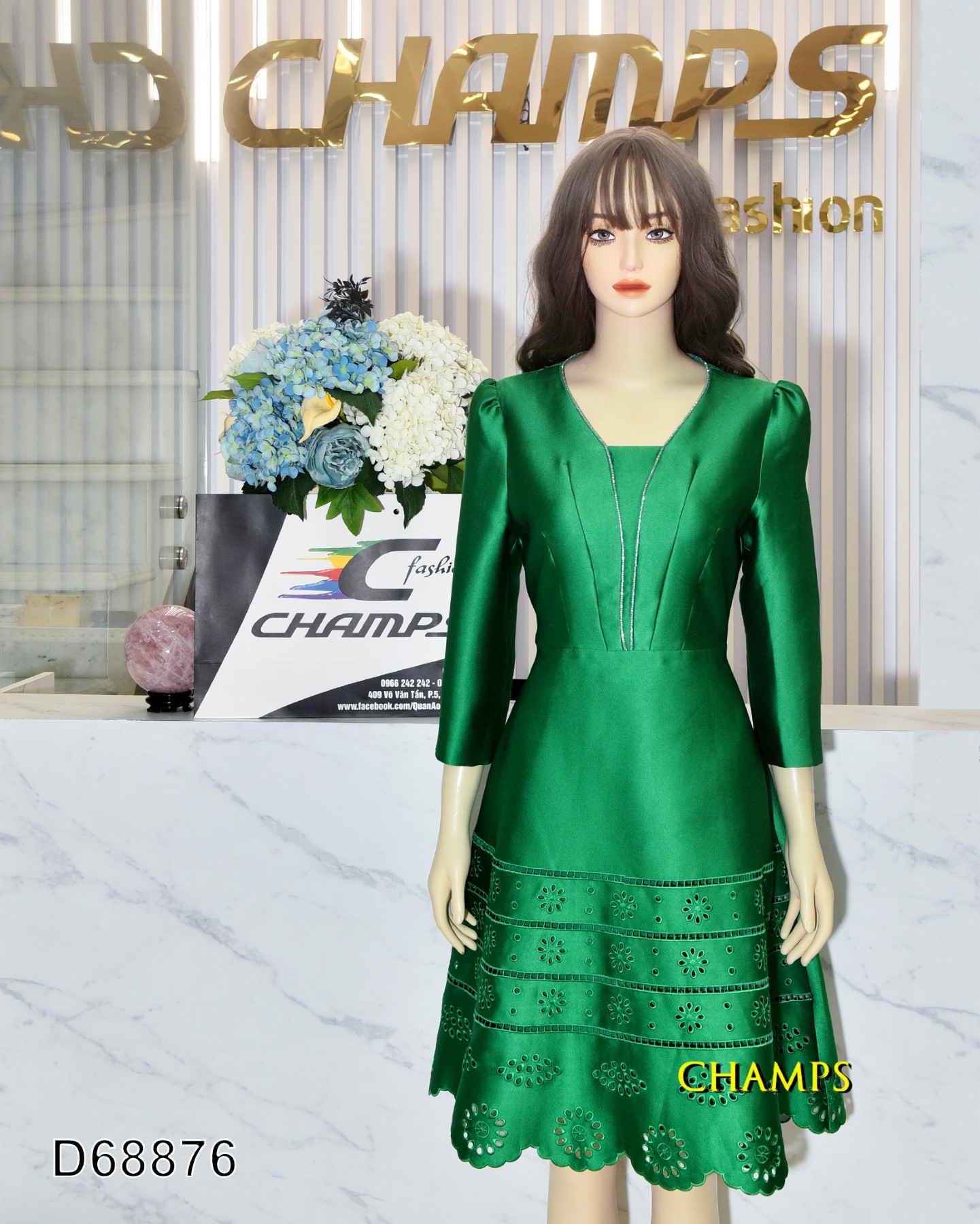 ĐẦM GẤM XANH LÁ CỔ KIM SA HOA VĂN CHÂN 68876