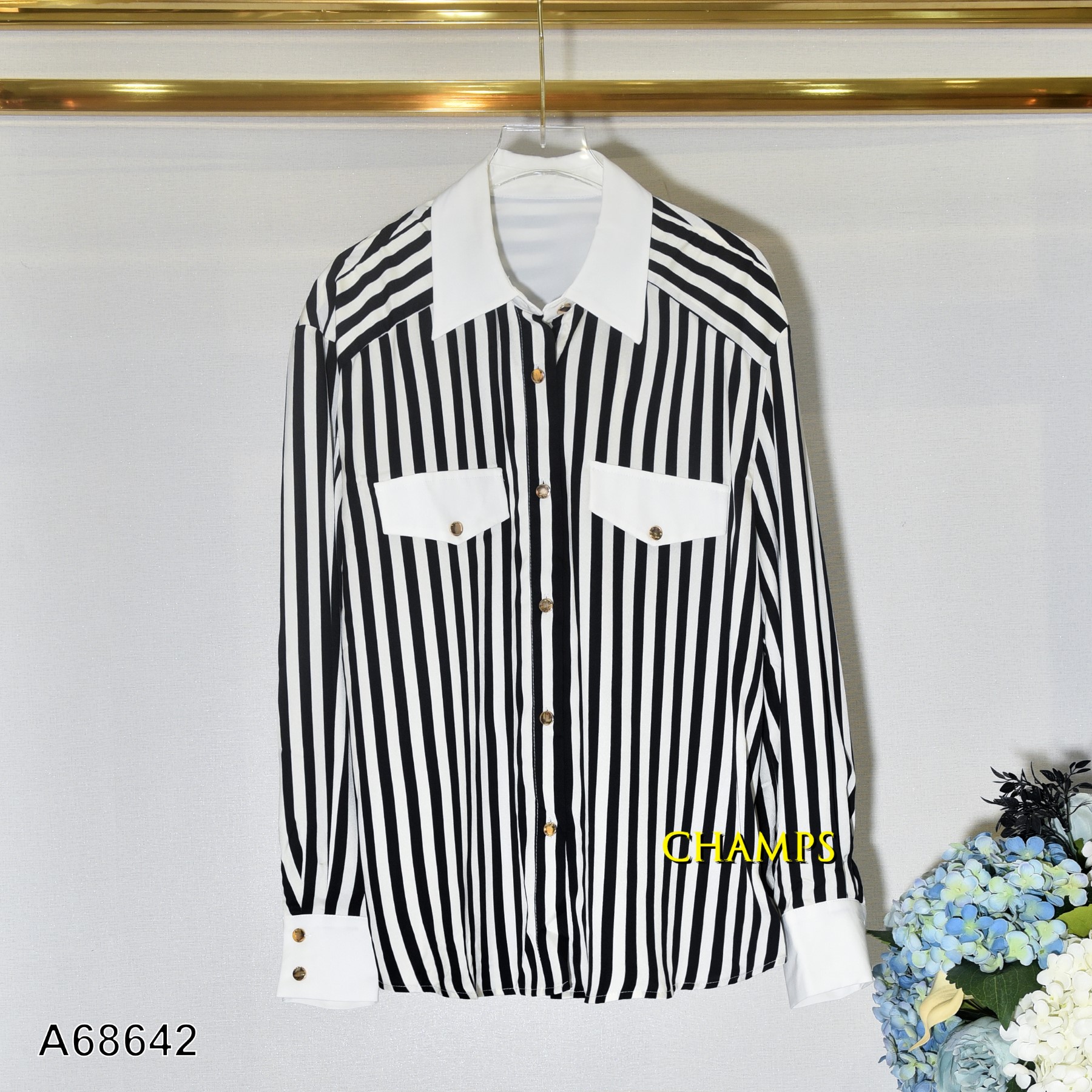 ÁO SƠ MI ĐEN KẺ KEM PHỐI TRẮNG 68642