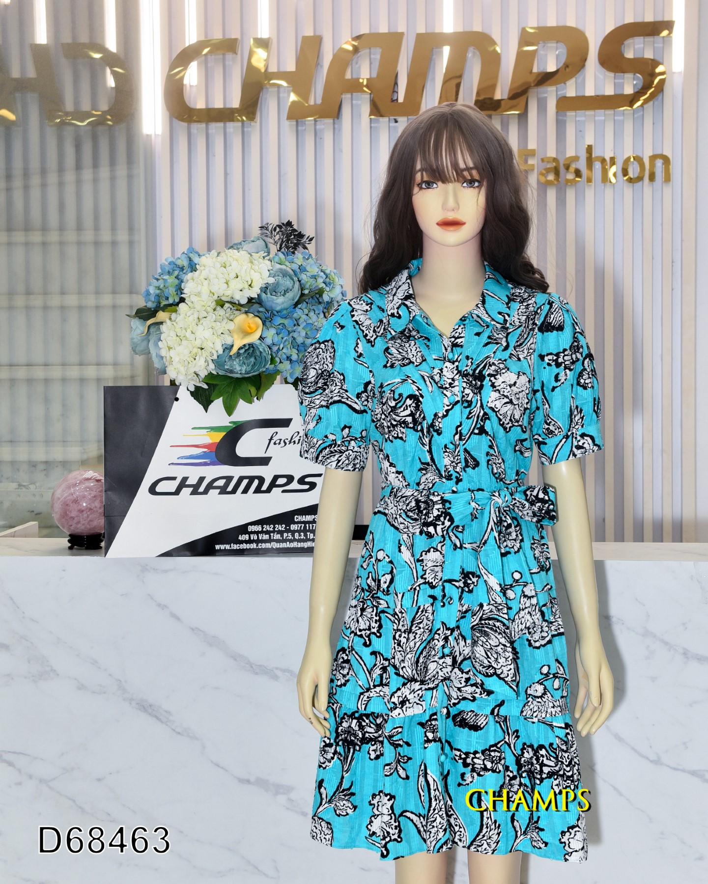 ĐẦM TƠ XANH CỘT EO +DN 68463