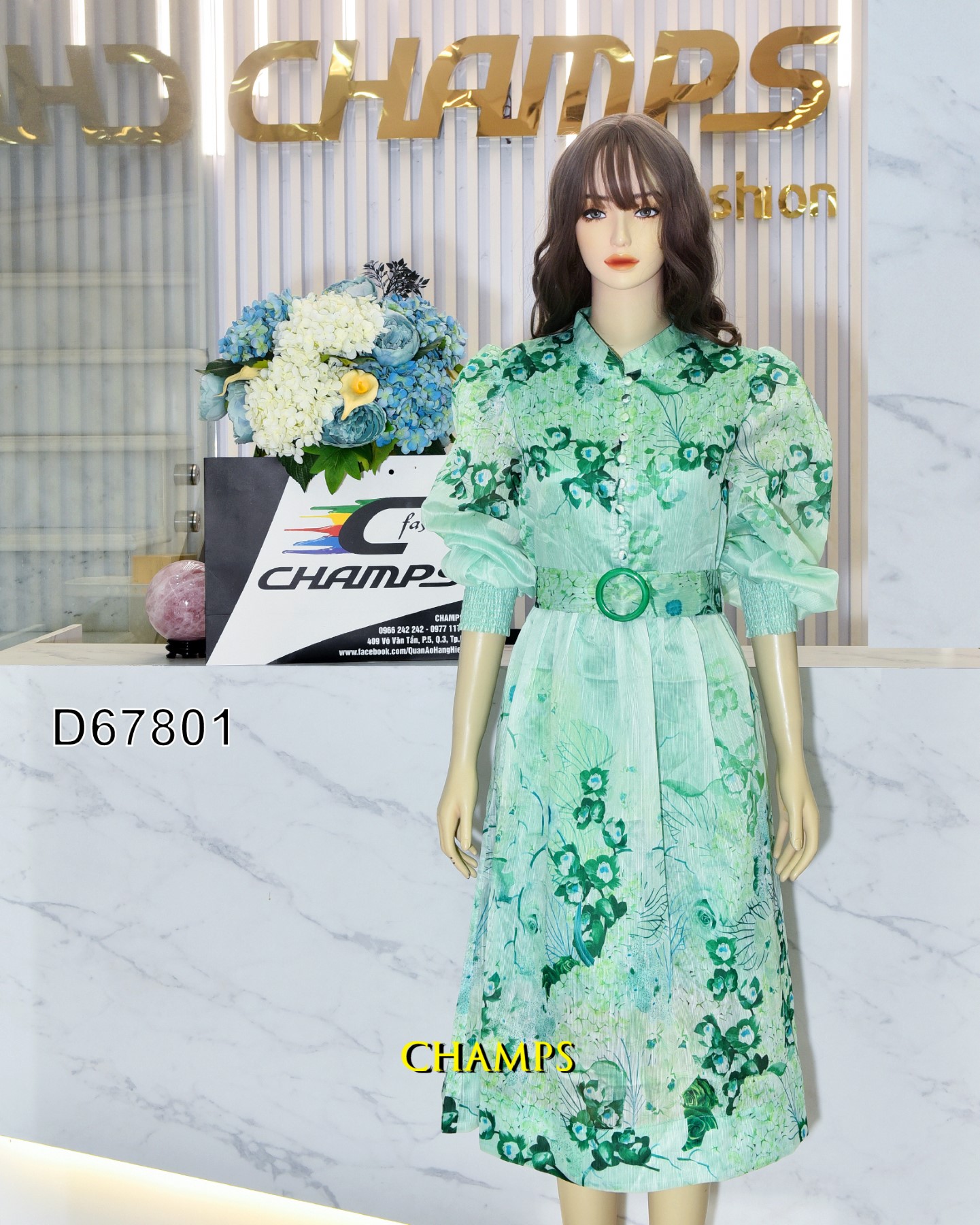 ĐẦM TƠ XANH HOA VĂN +DN 67801