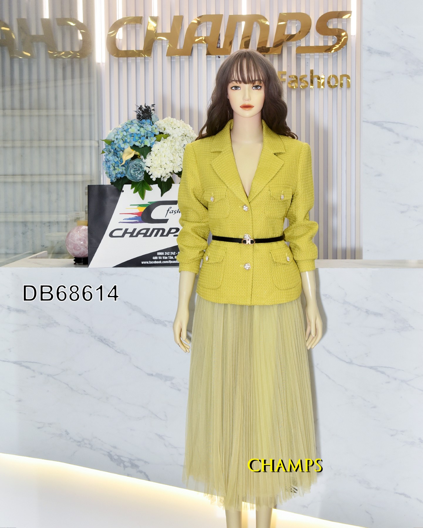 BỘ VEST DẠ XANH +CV XẾP LY DÀI 68614