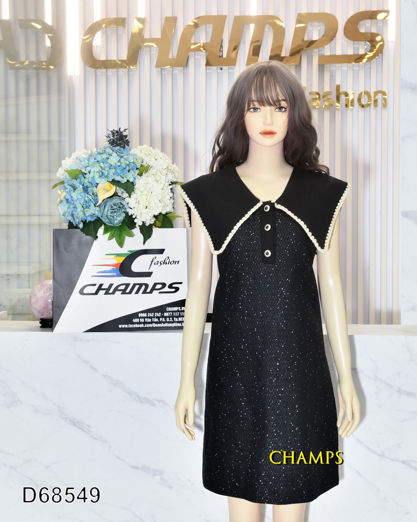 ĐẦM SUÔN ĐEN BỐ CHANEL CỔ SEN 68549