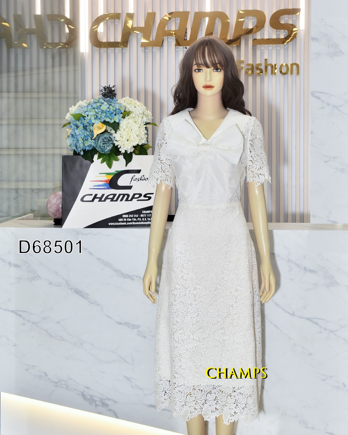 ĐẦM TRẮNG REN NƠ TƠ WHITE 68501