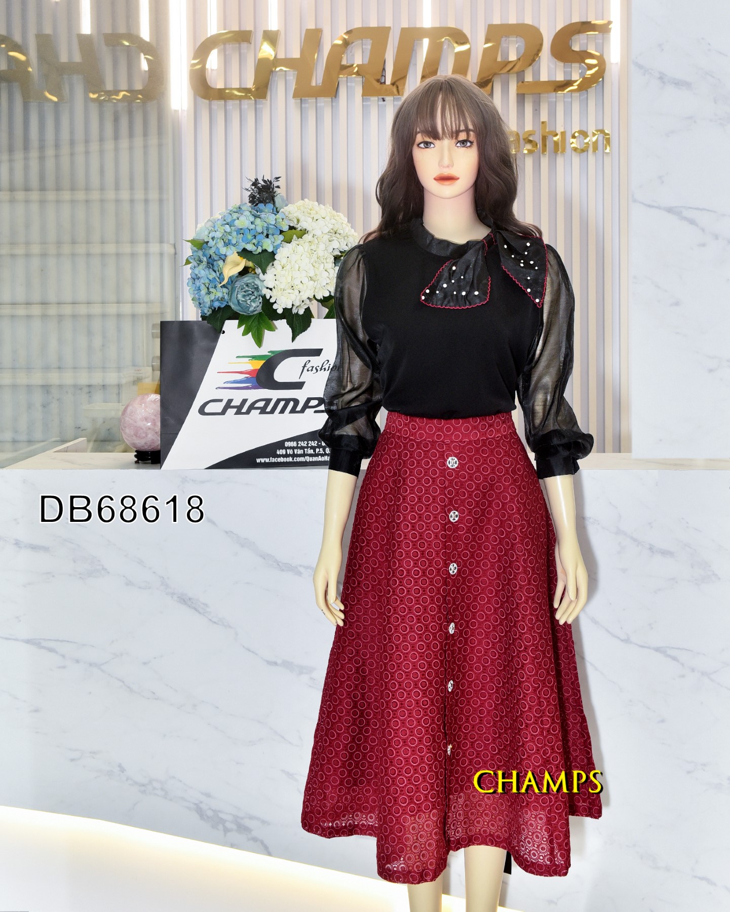 BỘ ÁO LỤA ĐEN +CV ĐỎ BI 68618