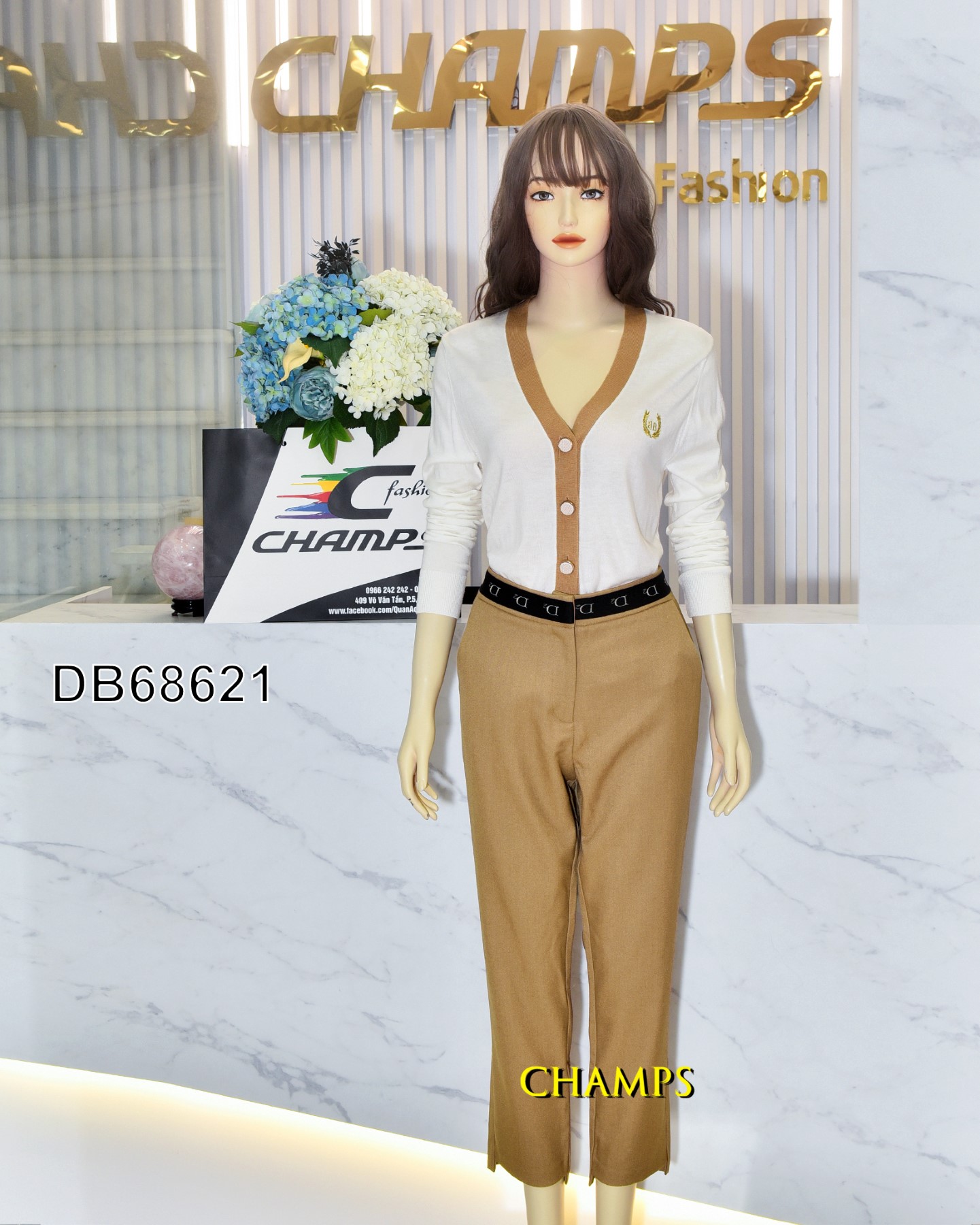 BỘ ÁO LEN KEM +QUẦN TÂY NÂU 68621