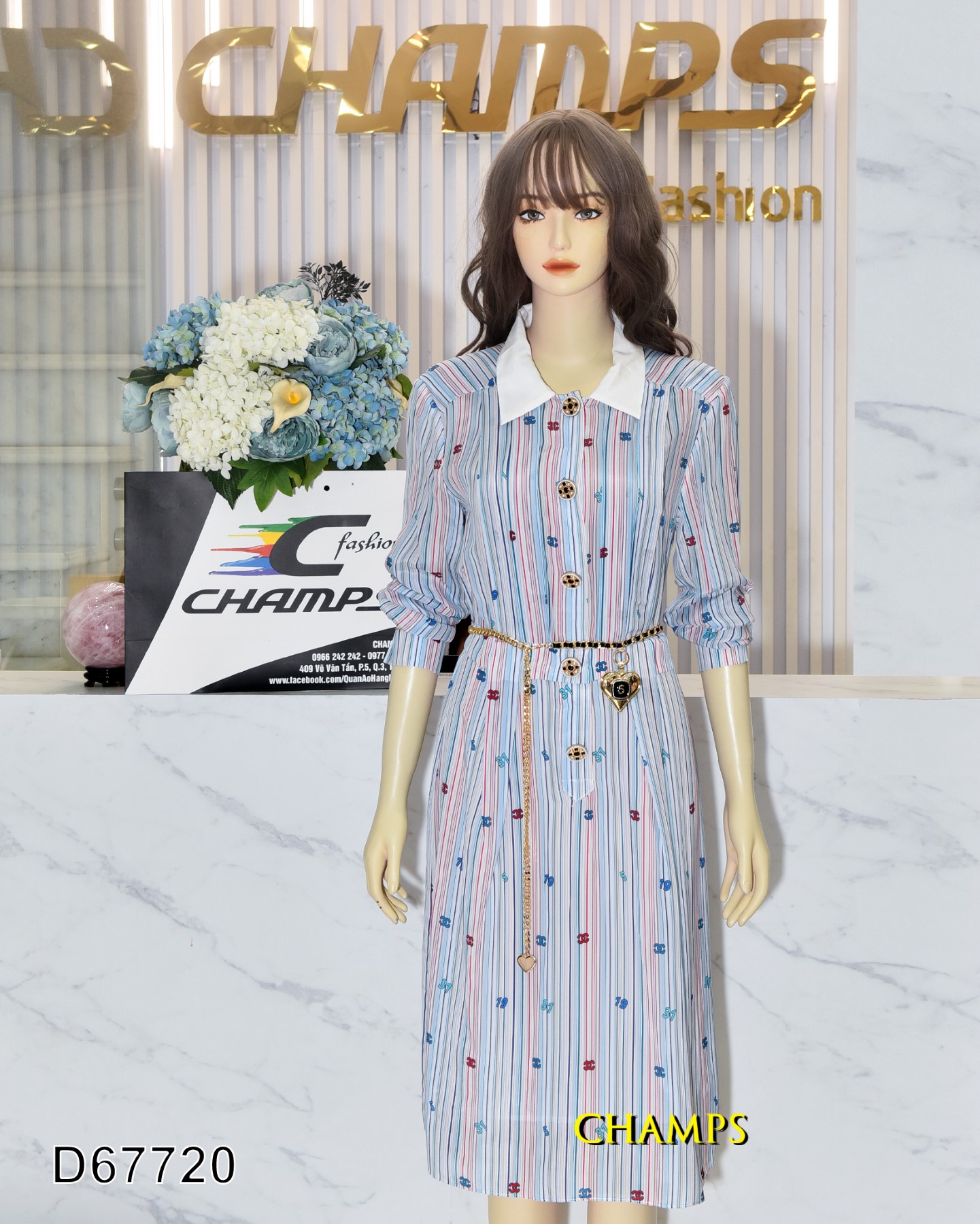 ĐẦM LỤA CHANEL XANH KẺ 67720