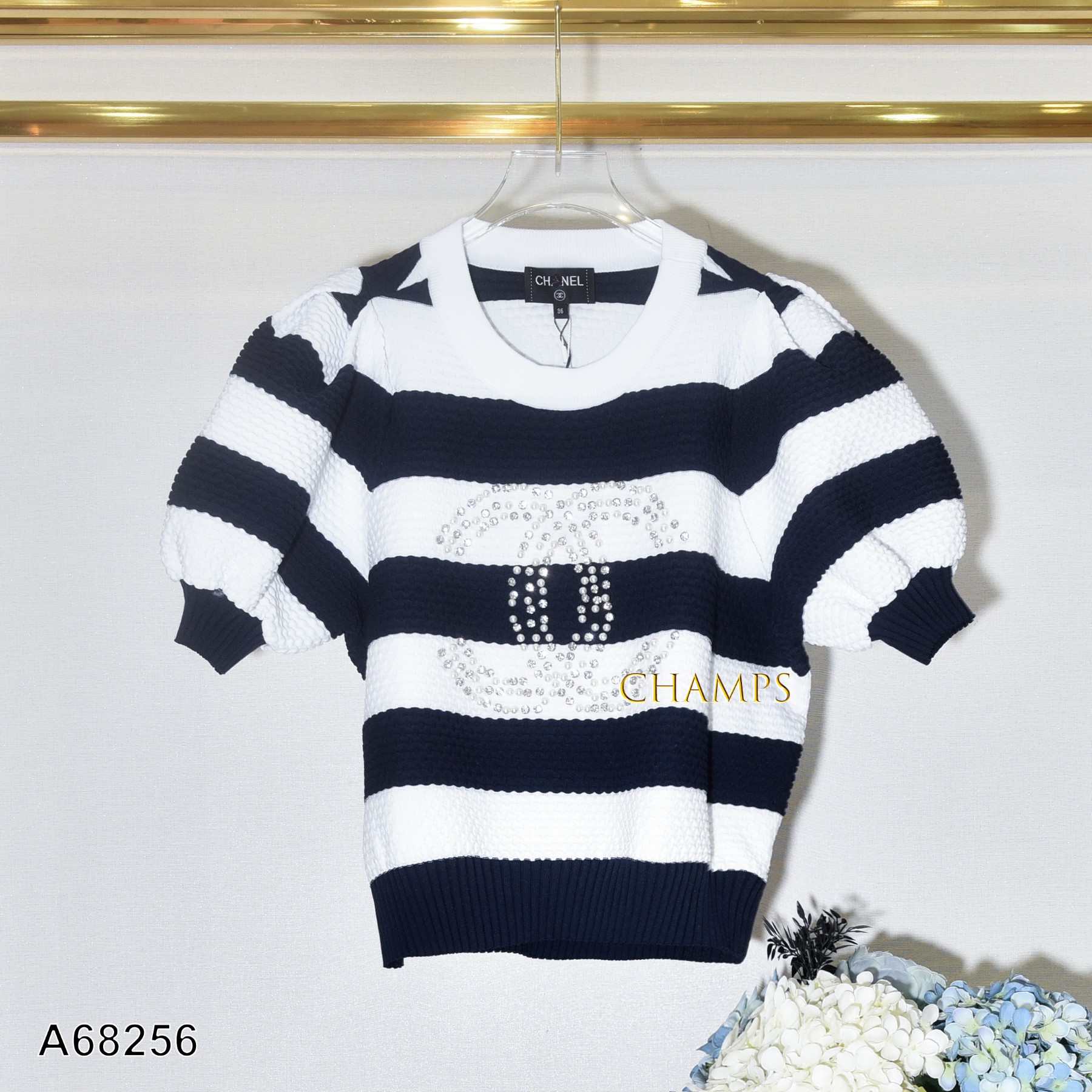 ÁO LEN CHANEL KẺ TRẮNG XANH 68256