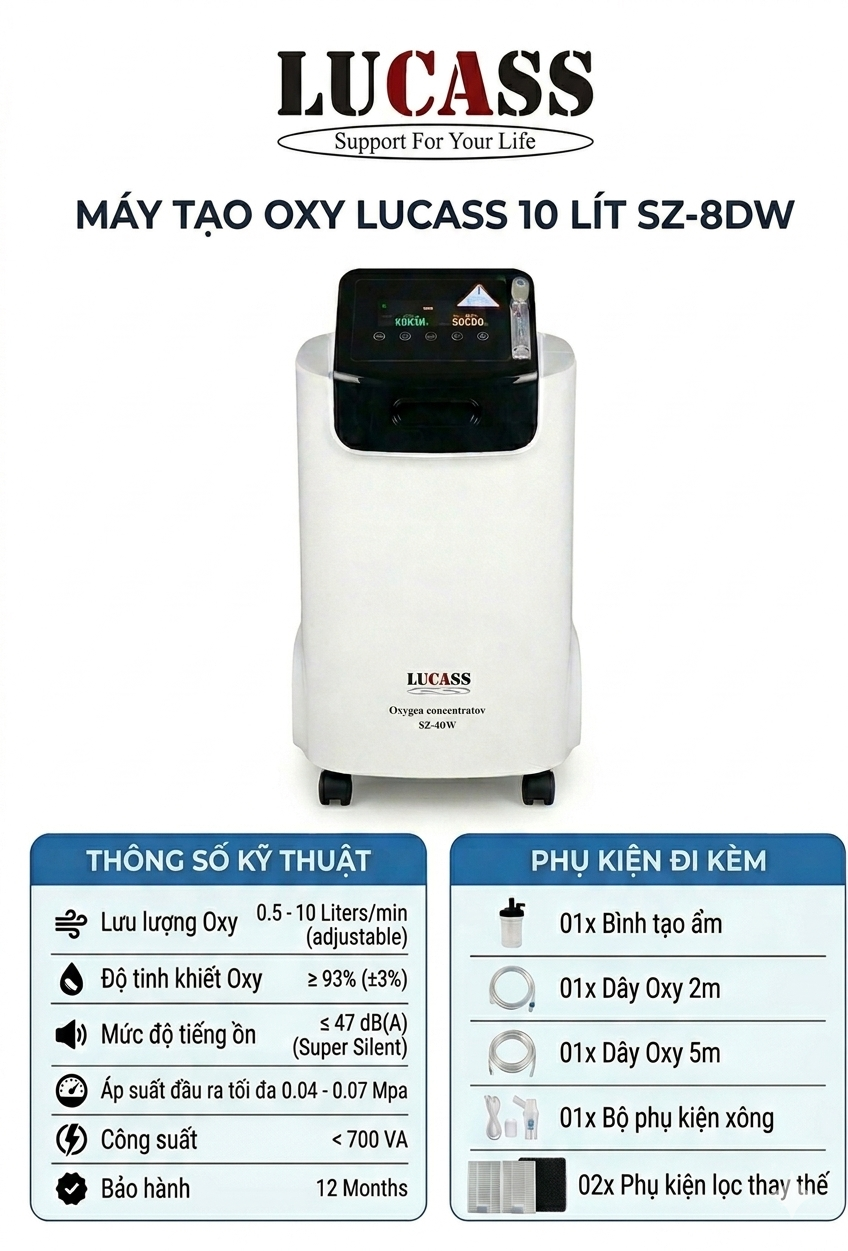 Máy tạo oxy 10 lít/phút LUCASS SZ-8DW có chức năng xông