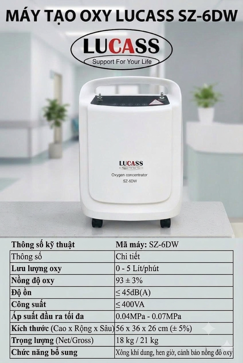 Máy tạo oxy 5 lít/phút Lucass SZ-6DW có chức năng xông