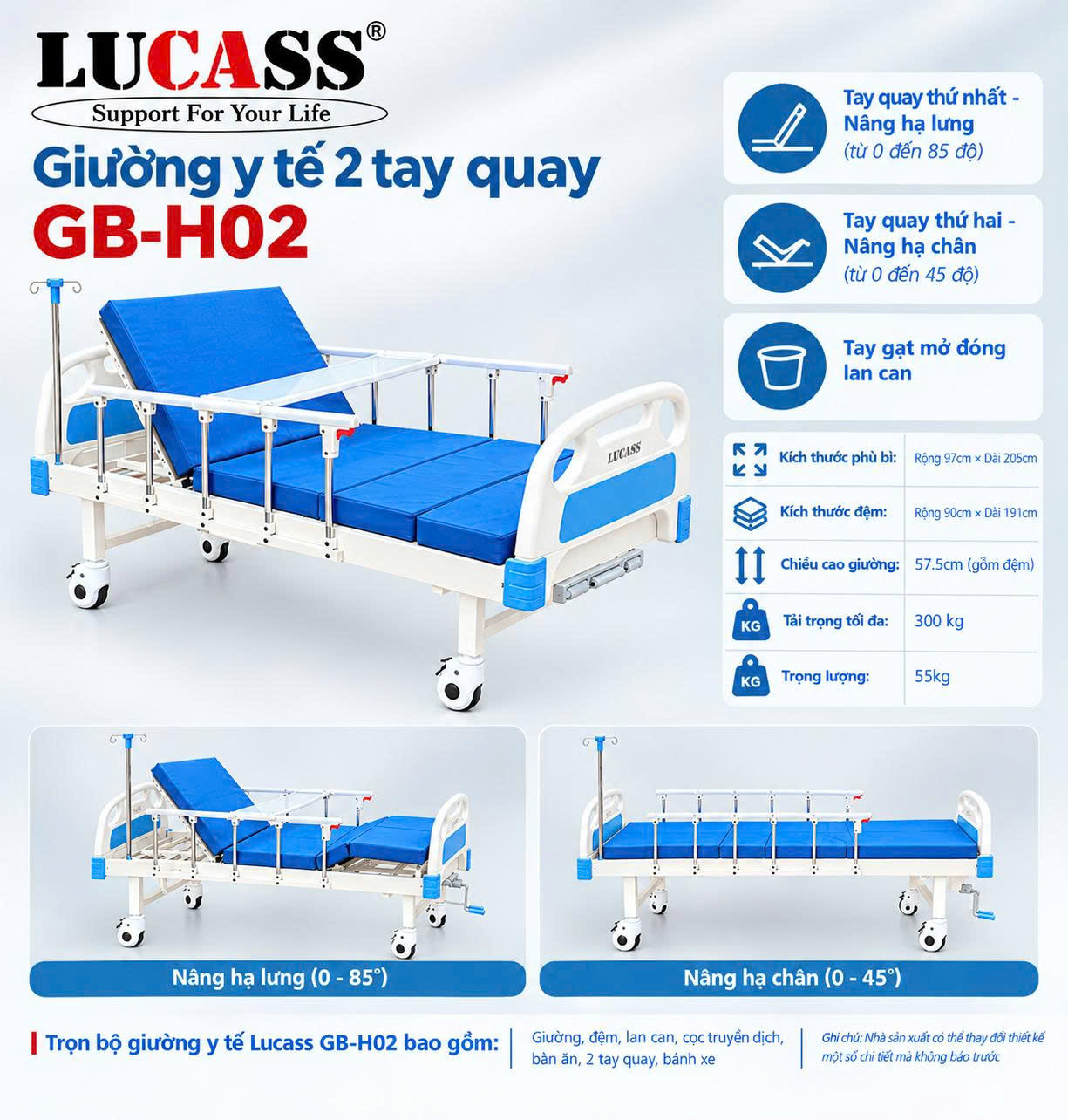 Giường y tế 2 tay quay Lucass GB-H02