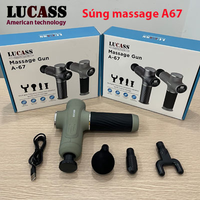 Súng massage cầm tay Lucass A67 màn hình điện tử, 4 đầu massage, 6 tốc độ