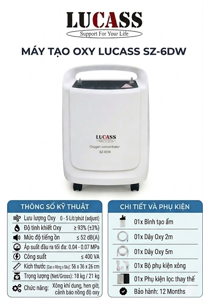 Máy tạo oxy 5 lít/phút Lucass SZ-6DW có chức năng xông