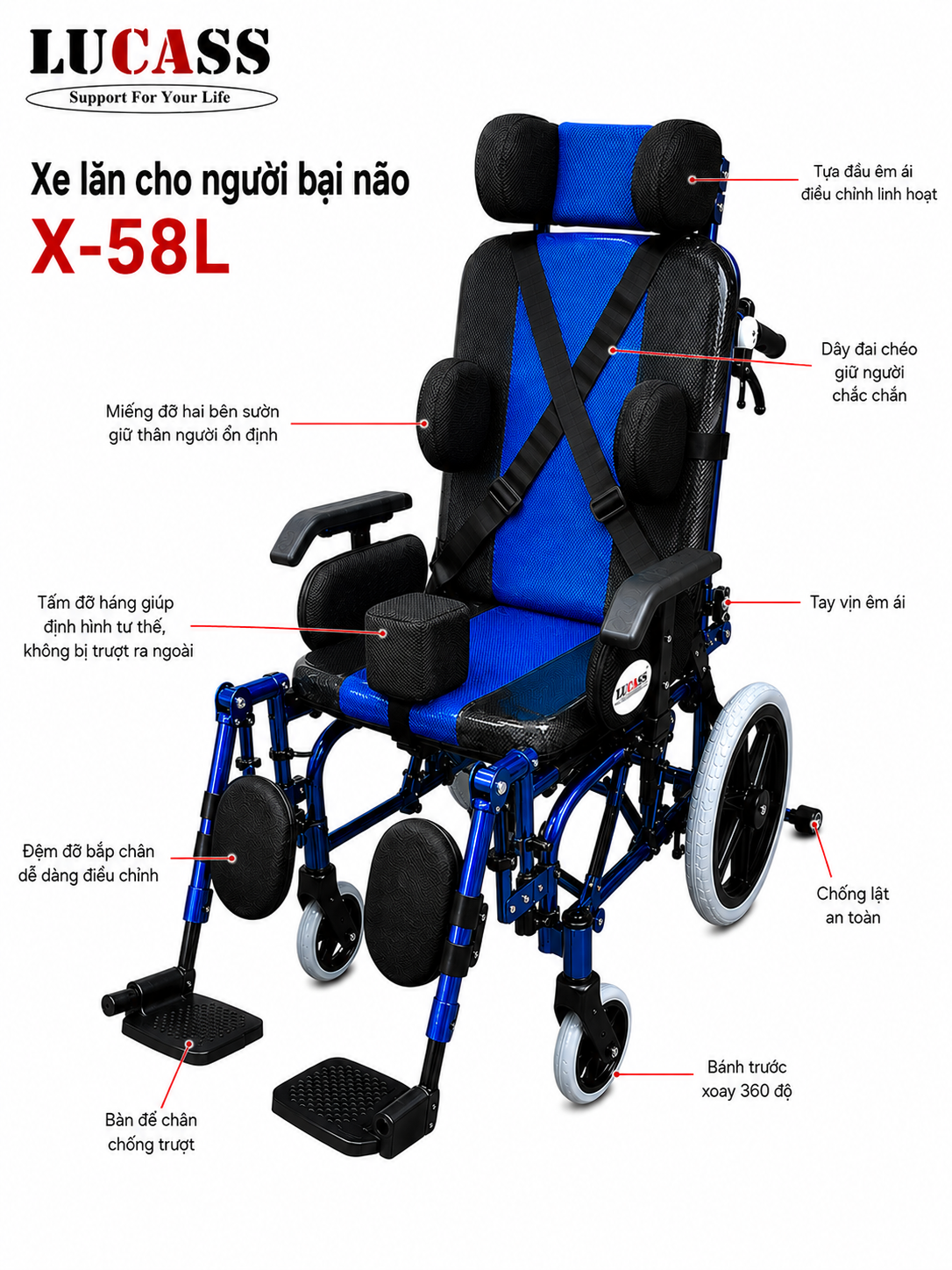 Xe lăn cho trẻ bại não, người không kiểm soát Lucass X-58L - Phiên bản Rộng