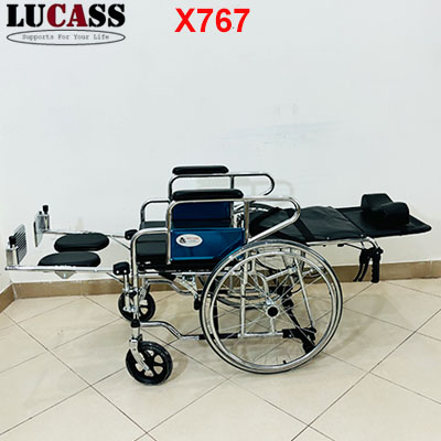 Xe lăn đa năng Lucass X767 có bô vệ sinh, ngả nằm, chống lật