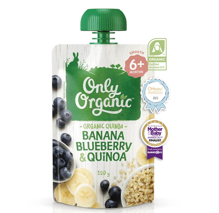 DINH DƯỠNG TRÁI CÂY NGHIỀN HỮU CƠ   CHUỐI, VIỆT QUẤT & HẠT DIÊM MẠCH CHO BÉ TỪ 6 THÁNG “ONLY ORGANIC” - ONLY ORGANIC BANANA BLUEBERRY & QUINOA