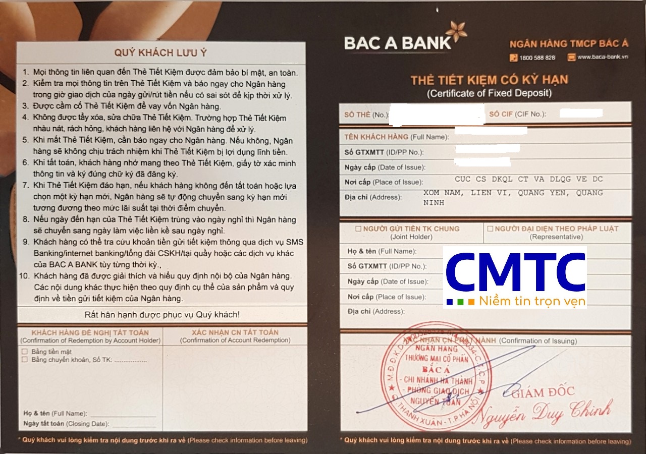 Mẫu sổ tiết kiệm và giấy xác nhận số dư tiền gửi ngân hàng Bắc Á Bank