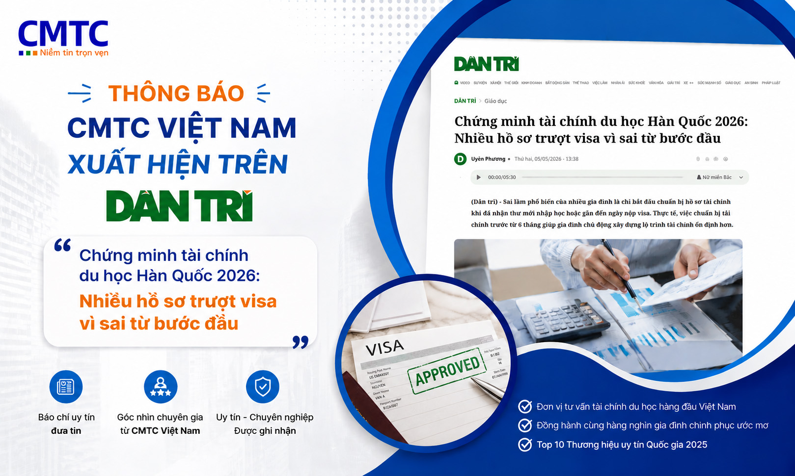 CMTC Việt Nam xuất hiện trên báo Dân trí với bài phân tích chuyên sâu về chứng minh tài chính du học Hàn Quốc 2026