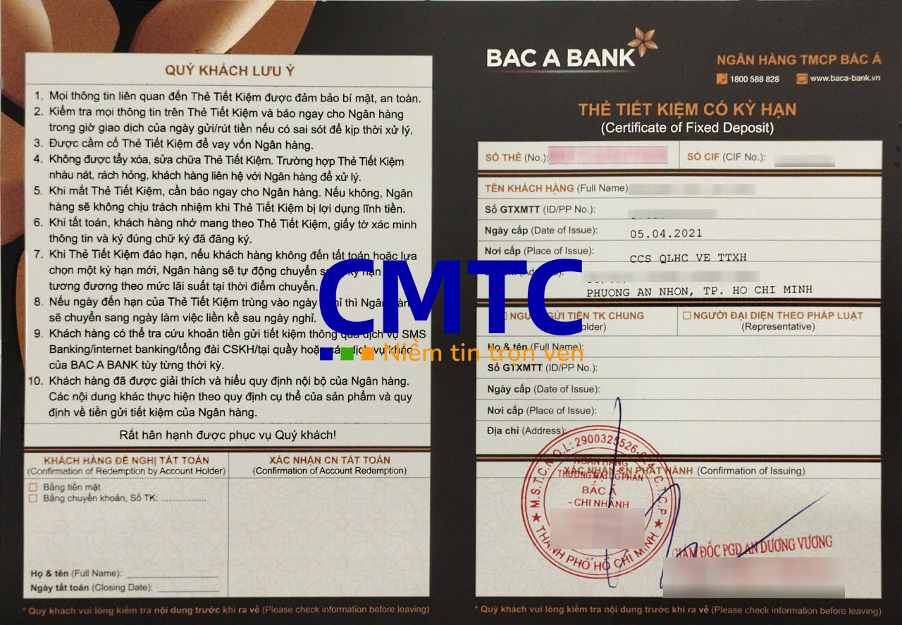 Mẫu sổ tiết kiệm và giấy xác nhận số dư tiền gửi ngân hàng Bắc Á Bank