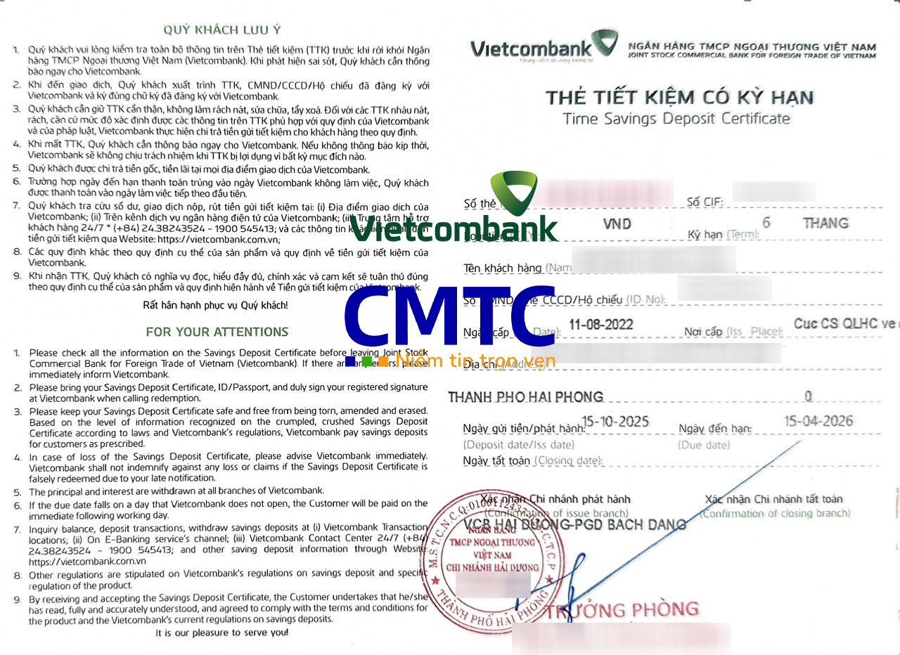 Mẫu sổ tiết kiệm và giấy xác nhận số dư của ngân hàng Vietcombank