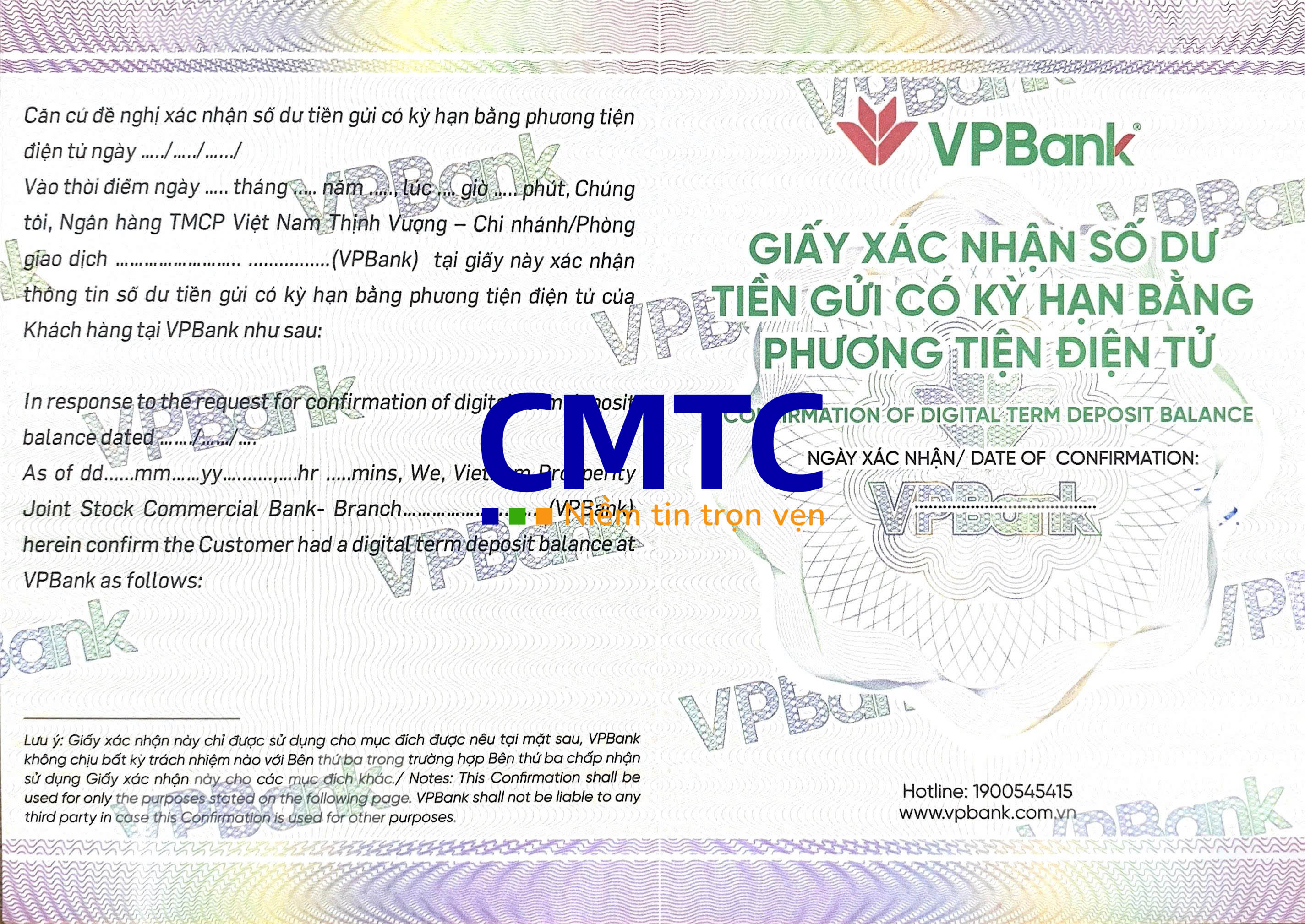 Mẫu sổ tiết kiệm và giấy xác nhận số dư tiền gửi ngân hàng VPBank